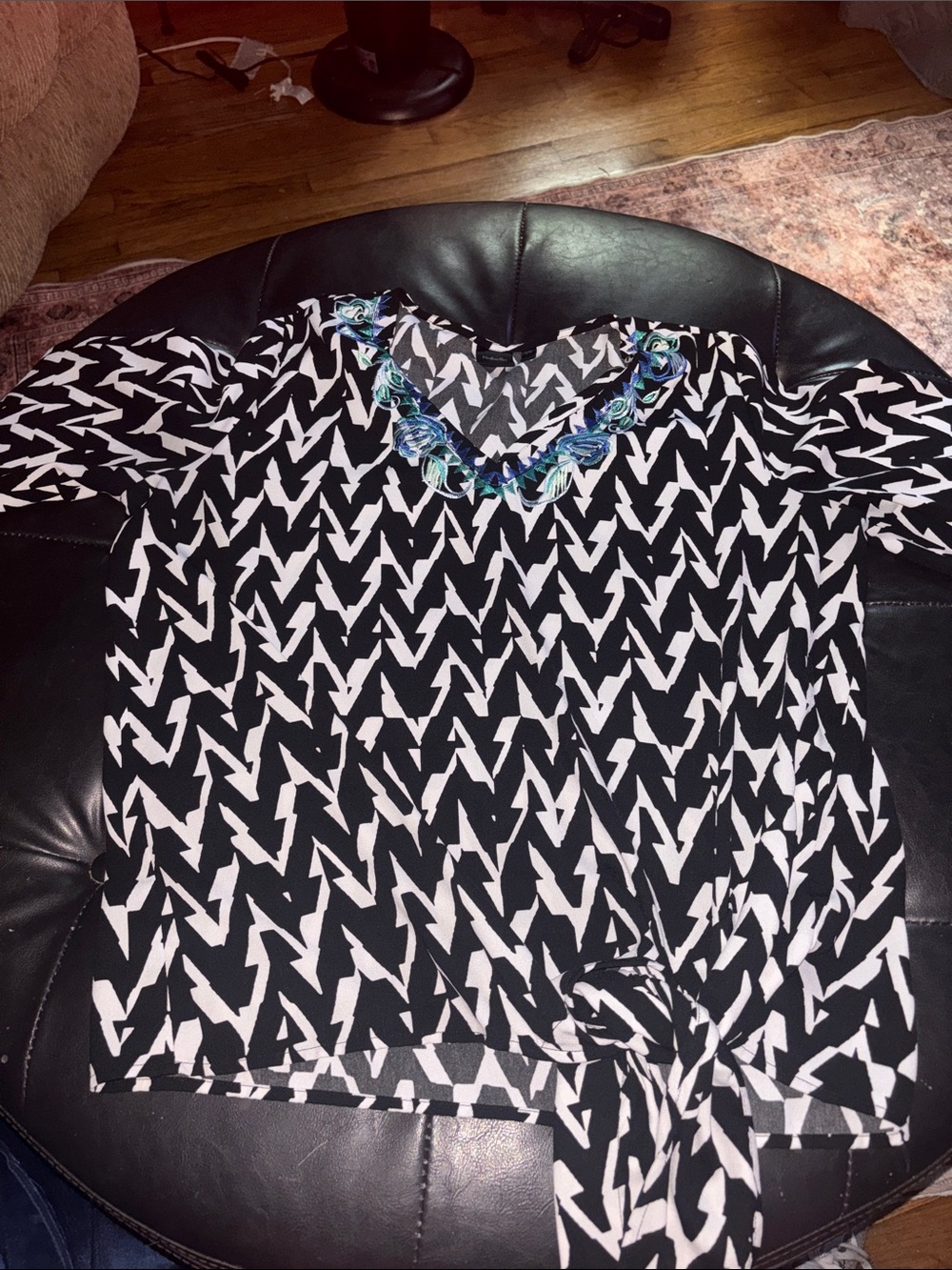 Rafaella Black and White Graphic Tie-Hem Top with Blue Embellished Neck
